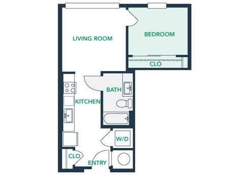 Floor plan for 1 bed, 1 bath, 559 sqft