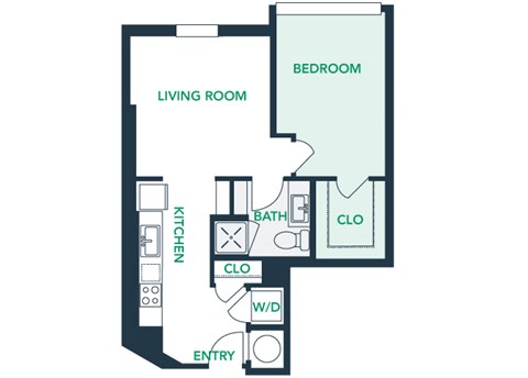 Floor plan for 1 bed, 1 bath, 577 sqft