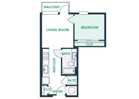 Floor plan for 1 bed, 1 bath, 593 sqft