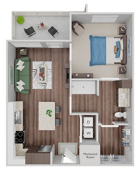 Floor plan for 1 bed, 1 bath, 667 sqft