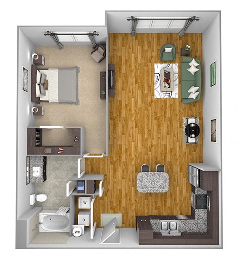 Floor plan for 1 bed, 1 bath, 955 sqft