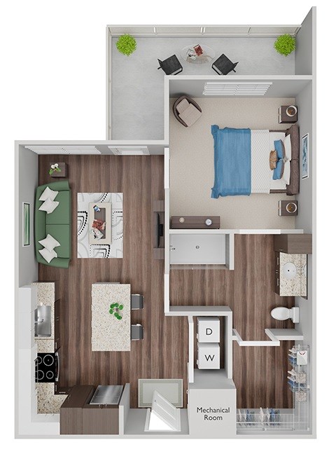 Floor plan for 1 bed, 1 bath, 668 sqft