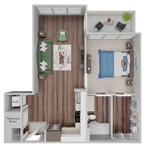 Floor plan for 1 bed, 1 bath, 673 sqft