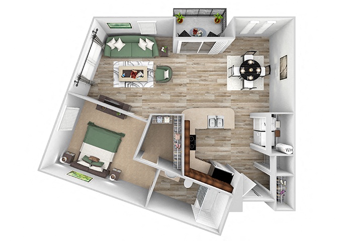 Floor plan for 1 bed, 1 bath, 901 sqft