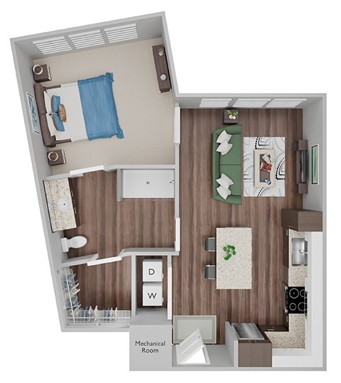 Floor plan for 1 bed, 1 bath, 688 sqft