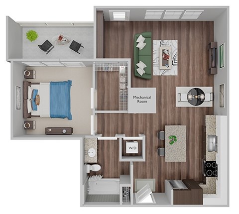 Floor plan for 1 bed, 1 bath, 756 sqft