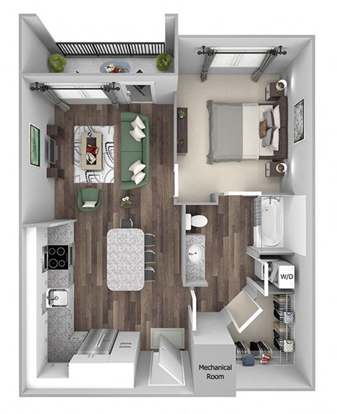 Floor plan for 1 bed, 1 bath, 637 sqft
