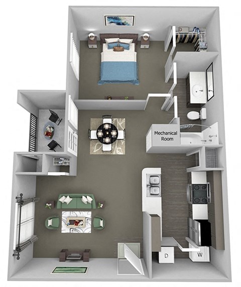 Floor plan for 1 bed, 1 bath, 739 sqft