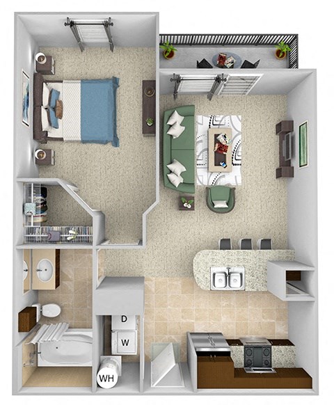 Floor plan for 1 bed, 1 bath, 617 sqft