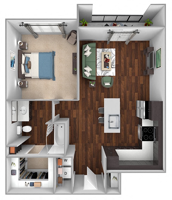Floor plan for 1 bed, 1 bath, 750 sqft
