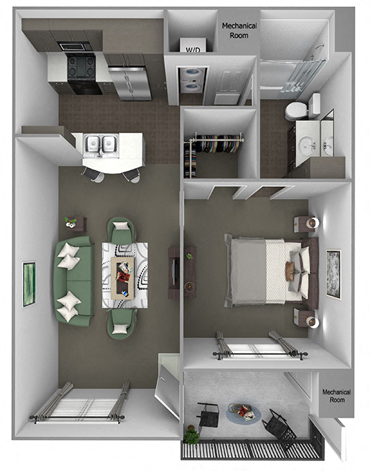 Floor plan for 1 bed, 1 bath, 747 sqft