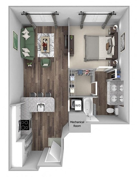 Floor plan for 1 bed, 1 bath, 765 sqft
