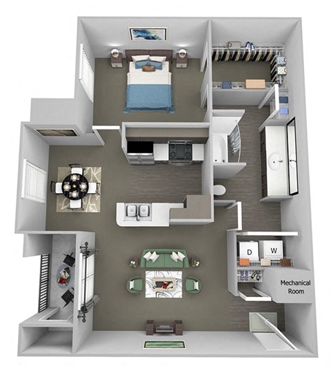 Floor plan for 1 bed, 1 bath, 817 sqft