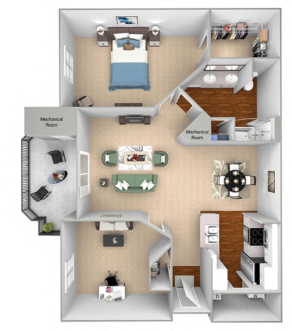 Floor plan for 1 bed, 1 bath, 932 sqft