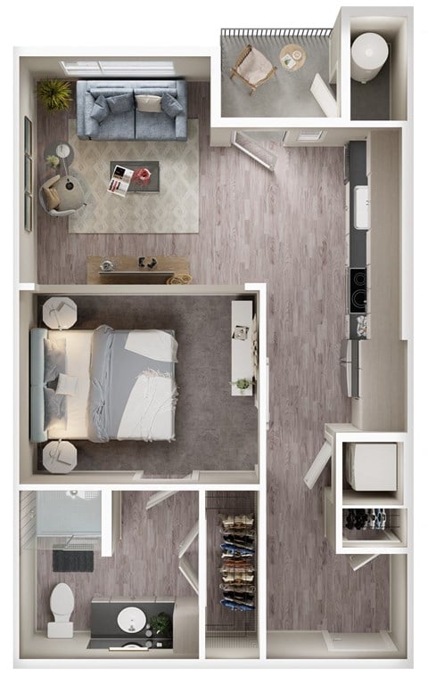 Floor plan for 1 bed, 1 bath, 607 sqft