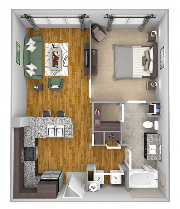 Floor plan for 1 bed, 1 bath, 672 sqft