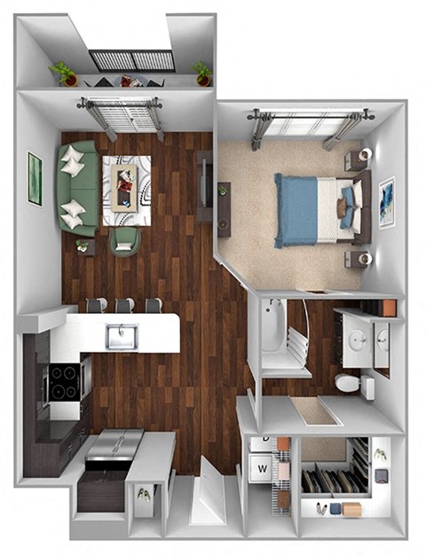 Floor plan for 1 bed, 1 bath, 769 sqft