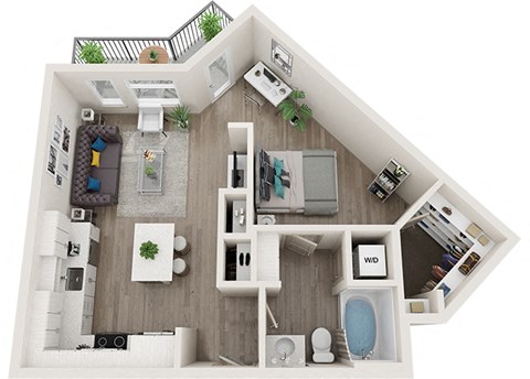 Floor plan for 1 bed, 1 bath, 654 sqft