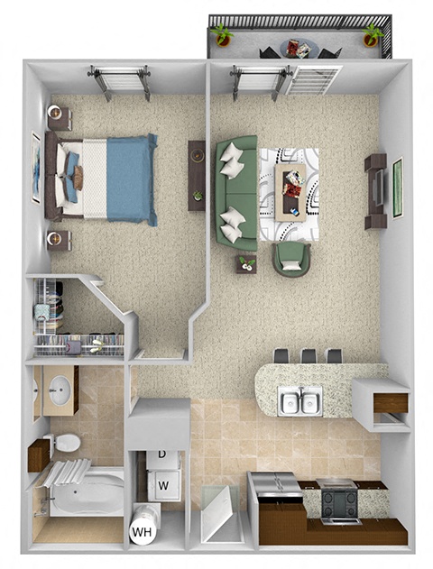 Floor plan for 1 bed, 1 bath, 658 sqft
