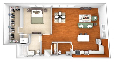 Floor plan for 1 bed, 1 bath, 889 sqft