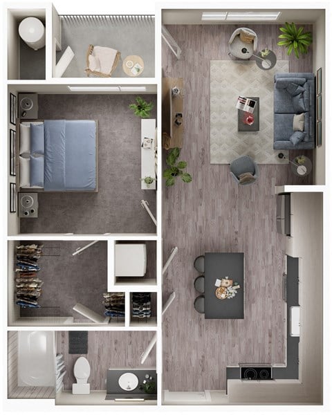 Floor plan for 1 bed, 1 bath, 679 sqft