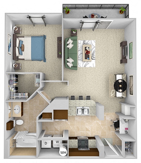 Floor plan for 1 bed, 1 bath, 740 sqft