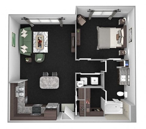 Floor plan for 1 bed, 1 bath, 767 sqft