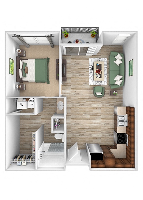 Floor plan for 1 bed, 1 bath, 714 sqft