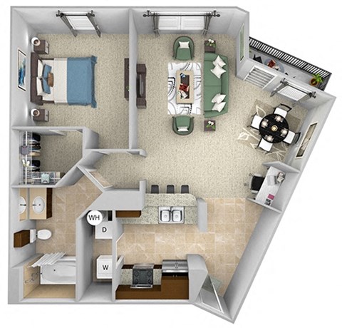 Floor plan for 1 bed, 1 bath, 769 sqft