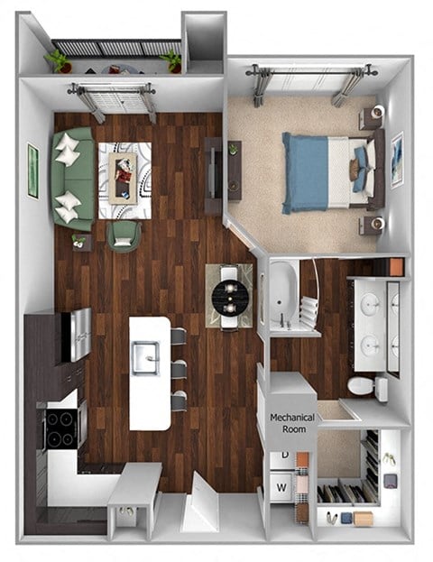 Floor plan for 1 bed, 1 bath, 866 sqft