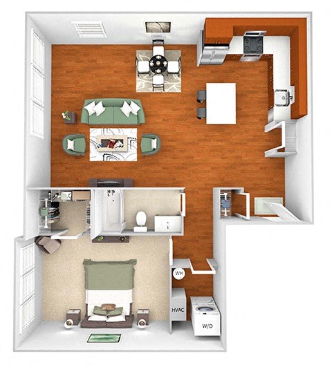 Floor plan for 1 bed, 1 bath, 930 sqft