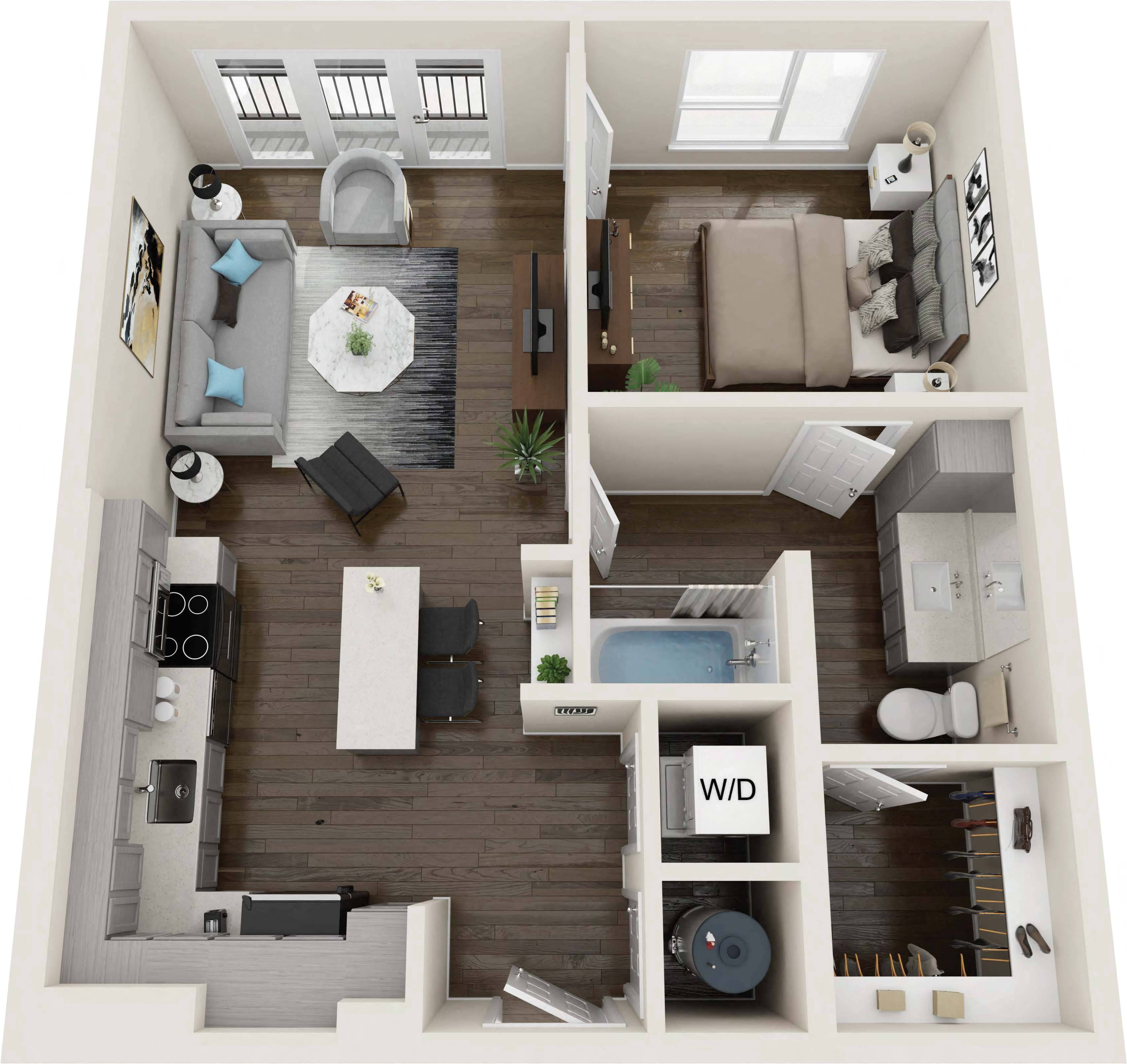 Floor plan for 1 bed, 1 bath, 700 sqft
