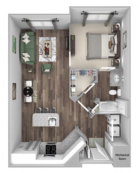 Floor plan for 1 bed, 1 bath, 843 sqft