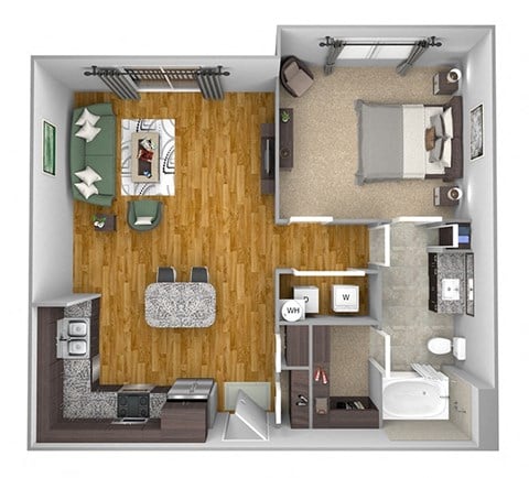 Floor plan for 1 bed, 1 bath, 775 sqft