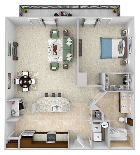 Floor plan for 1 bed, 1 bath, 812 sqft
