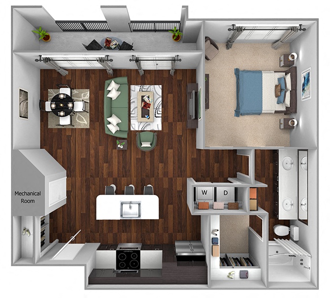 Floor plan for 1 bed, 1 bath, 895 sqft