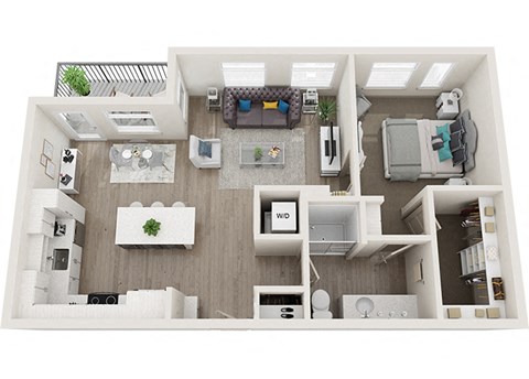 Floor plan for 1 bed, 1 bath, 767 sqft