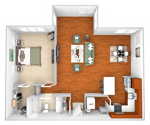Floor plan for 1 bed, 1 bath, 967 sqft