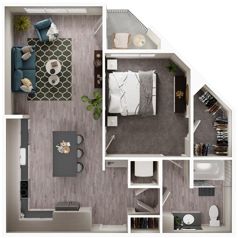 Floor plan for 1 bed, 1 bath, 771 sqft