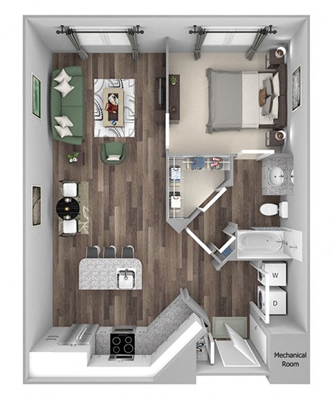 Floor plan for 1 bed, 1 bath, 857 sqft