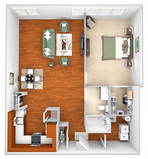 Floor plan for 1 bed, 1 bath, 970 sqft