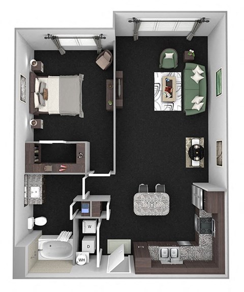 Floor plan for 1 bed, 1 bath, 836 sqft