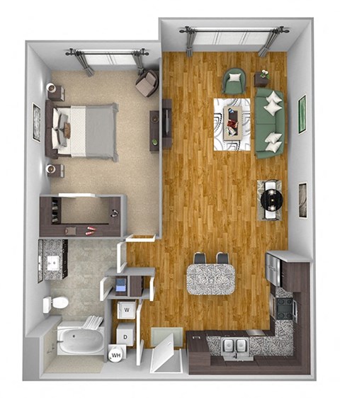Floor plan for 1 bed, 1 bath, 851 sqft