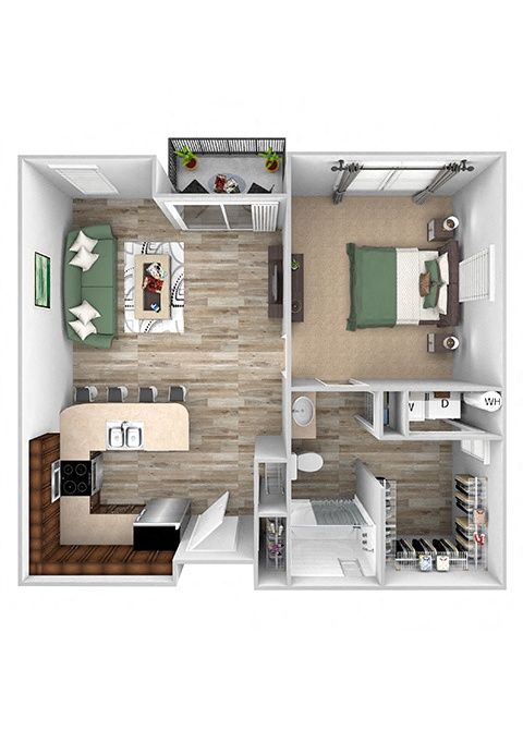 Floor plan for 1 bed, 1 bath, 851 sqft