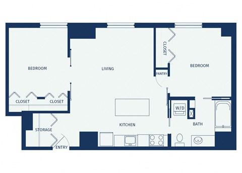 Floor plan for 2 beds, 1 bath, 880 sqft