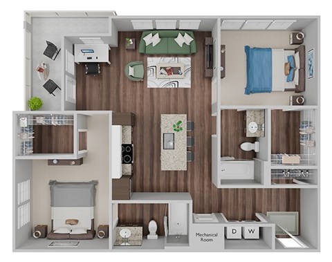 Floor plan for 2 beds, 2 baths, 1025 sqft