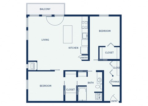 Floor plan for 2 beds, 1 bath, 965 sqft