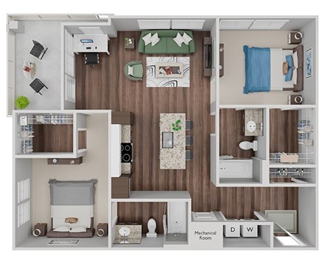 Floor plan for 2 beds, 2 baths, 1030 sqft