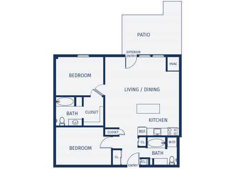 Floor plan for 2 beds, 1 bath, 989 sqft