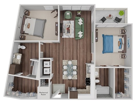 Floor plan for 2 beds, 2 baths, 1040 sqft